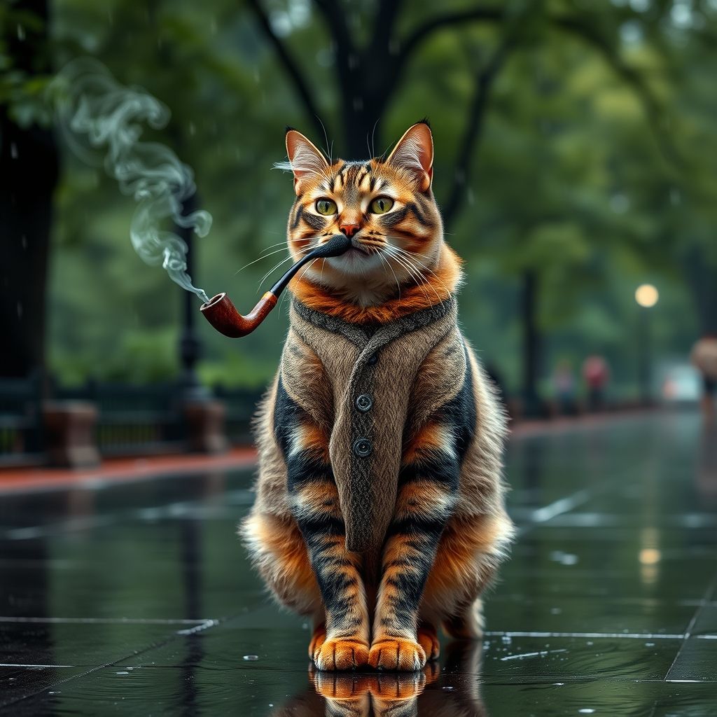 Imagem do gato com bigode, cachimbo e chuva
